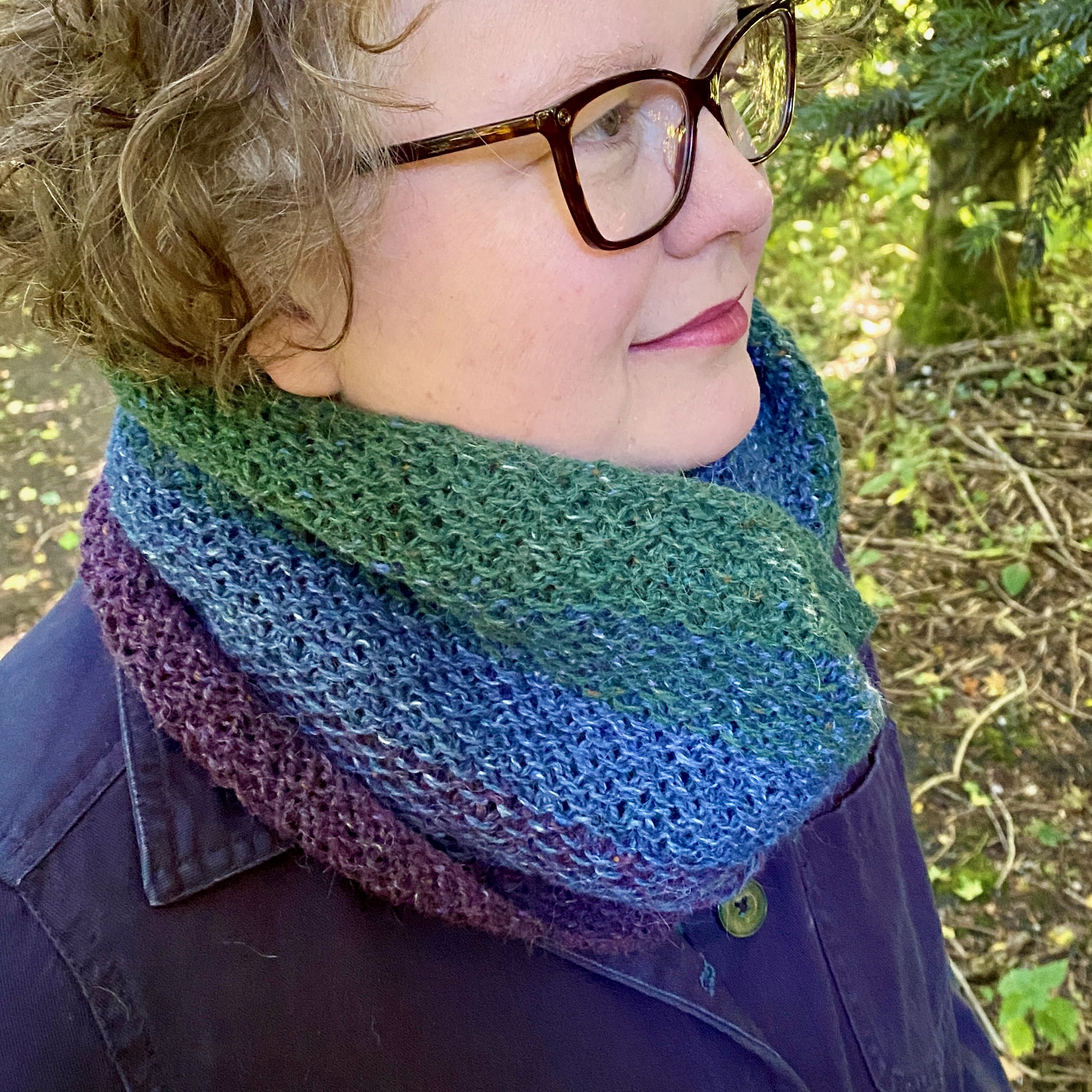 Purple, Pine Green, denim blue cowl