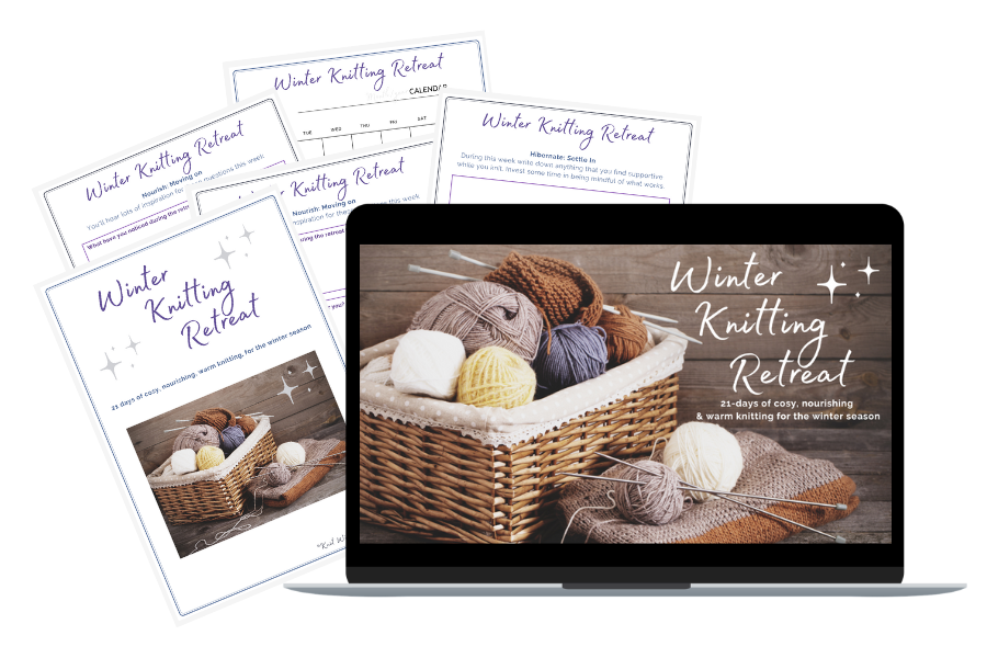 mock up on laptop and worksheets of Winter Knitting Retreat course with baskets of yarn and knitting