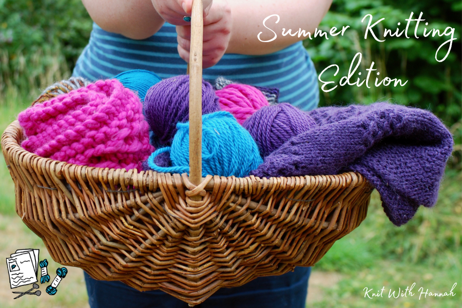 balls of pink blue and white yarn in a basket with knitting needles to show knit with hannah spring knitting digital courses