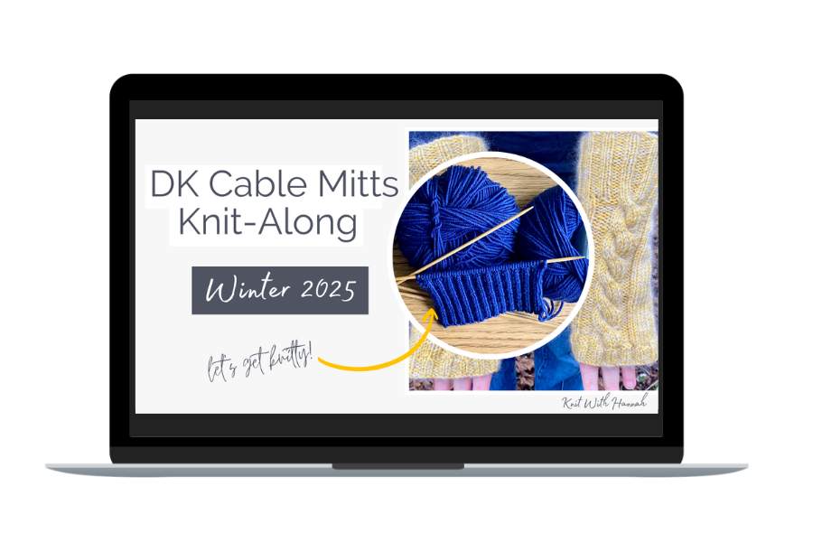 image on a laptop of DK Cbale Mitts knit-along and blue knitting on needles