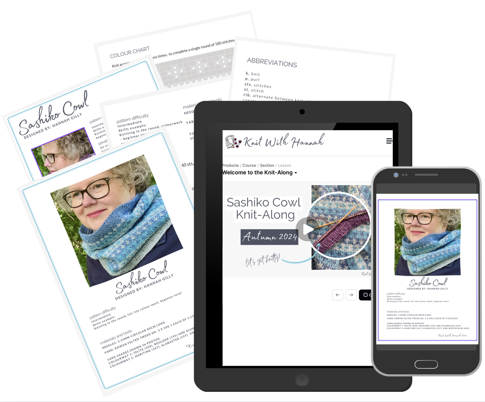 mock up of Sahiko cowl knit-along knitting pattern, ipad video and iphone digital access