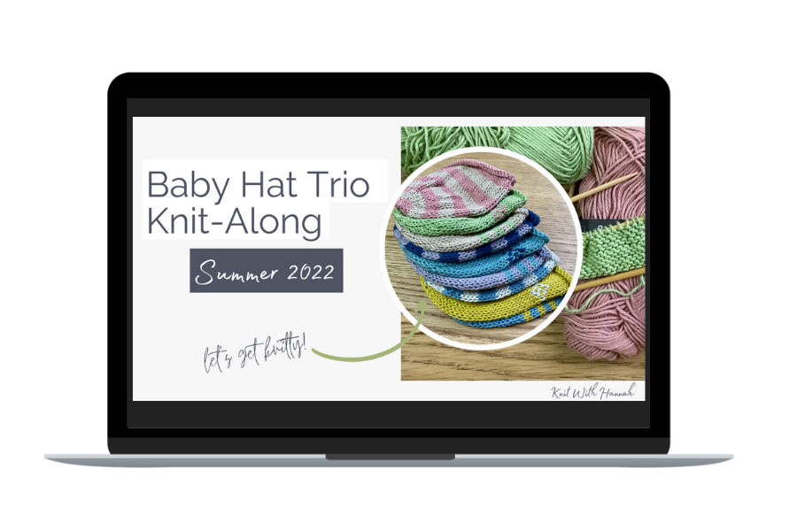 mock up on laptop of baby hat knitting trio with pile of colourful stripey baby hats
