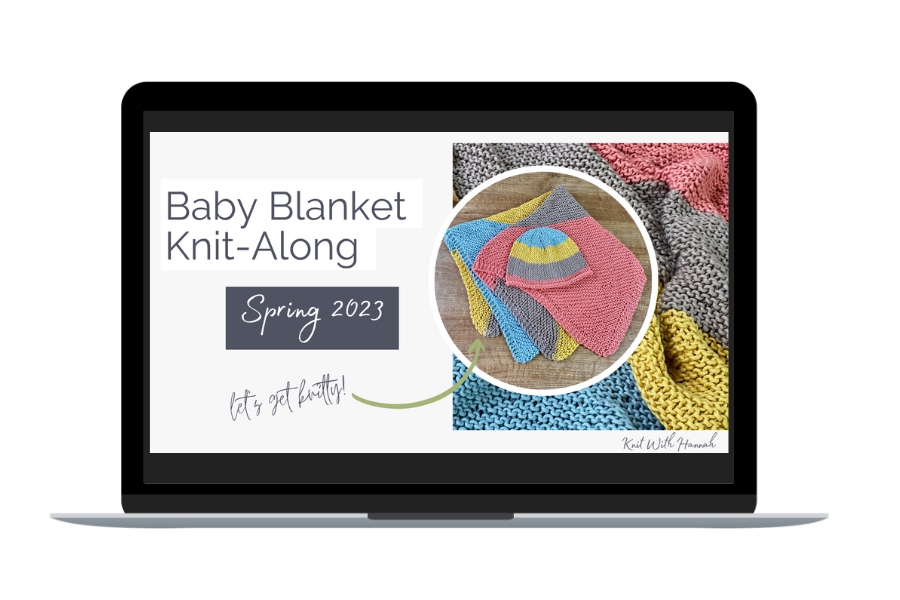 pink blue and yellow baby blanket image on laptop with text saying Baby blanket knit-along text
