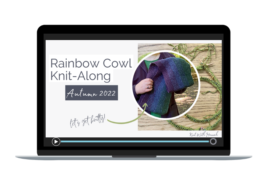 Image on laptop of Hannah holding a purple blue and green knitted cowl