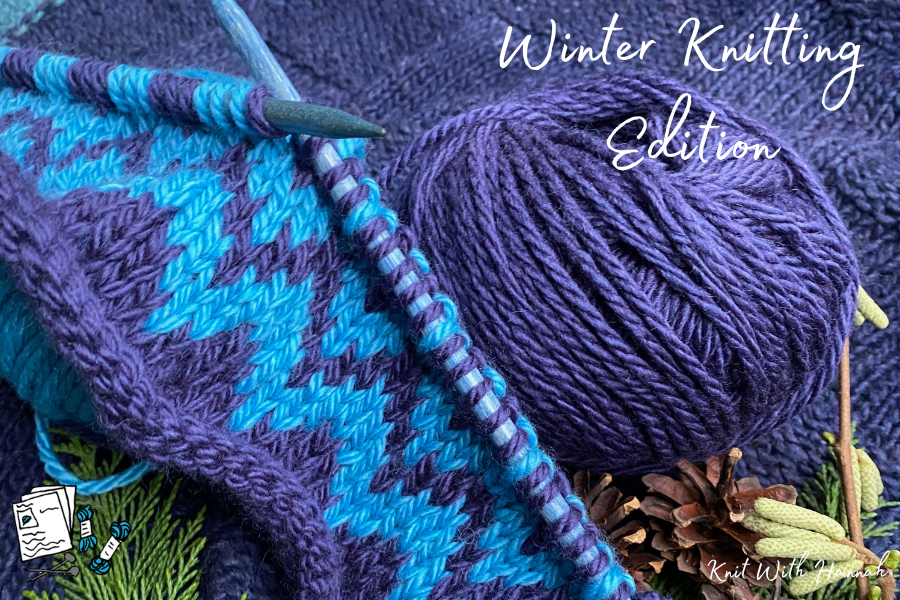 blue and teal zig zag knitting on needles winter knitting edition