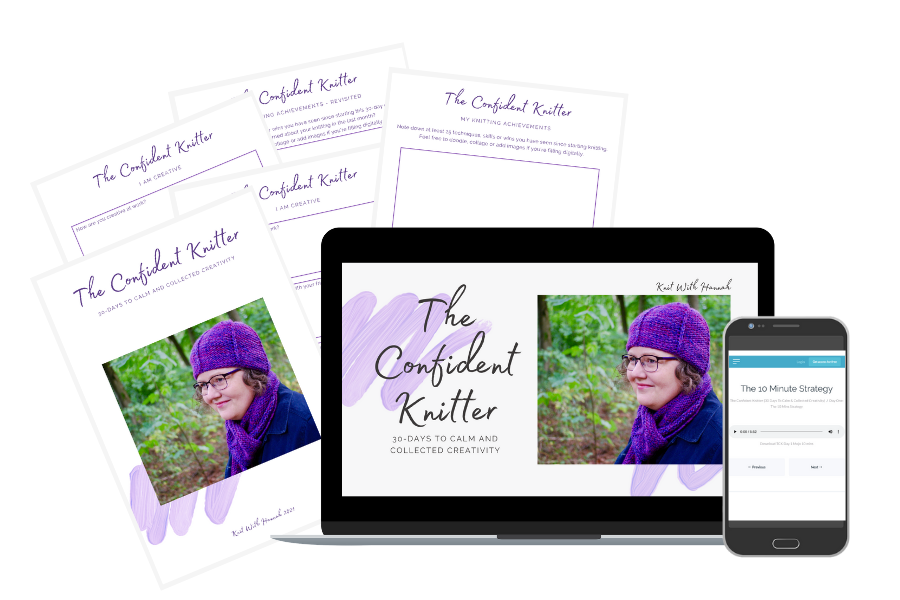 mock up on laptop of The Confident knitter course including Hannah wearing a purple hat and scarf