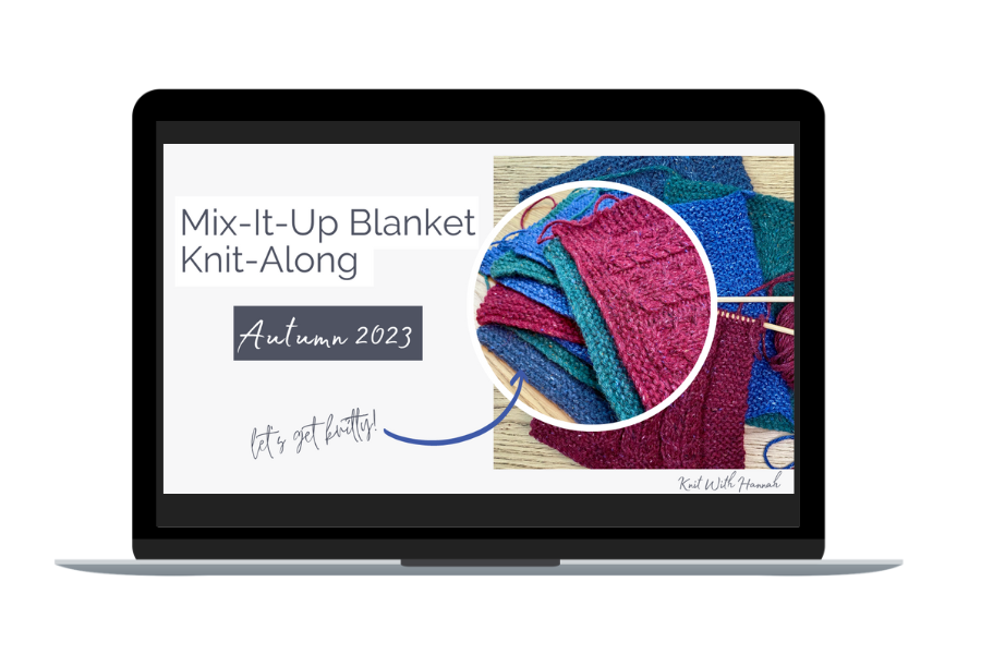 image of pile of knitted blanket squares on a laptop