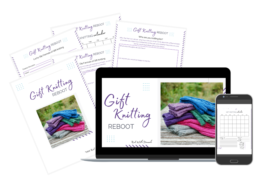 pile of fingerless mitts image on laptop with gift knitting workshop worksheets