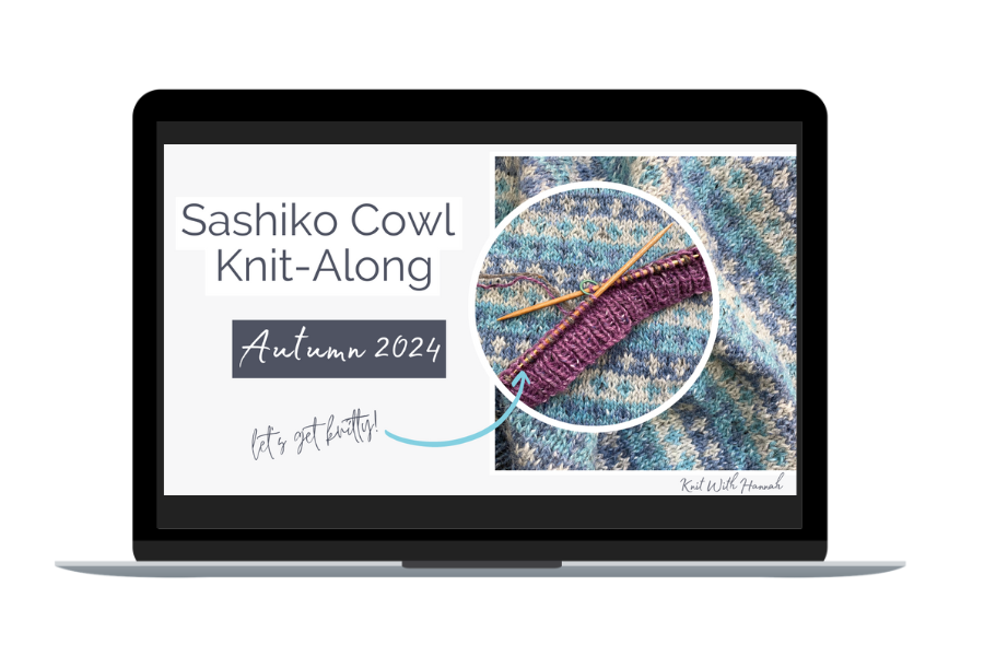 Image of knitting needles and purple ribbing beginning to knit fair isle Cowl